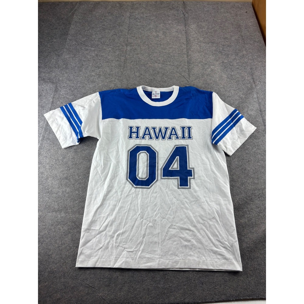 VTG Alore Hawaii 04 Graphic T-Shirt Mens L White Blue Striped Sleeve USA Made